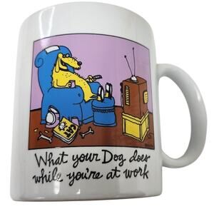 Vtg 1990s Hallmark Dog Cartoon Mug "What Your Dog Does While You Are At Work"